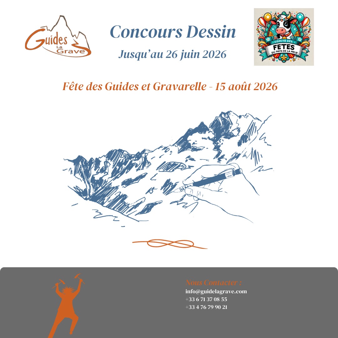 Attrape tes crayons, ta gouache, ta tablette graphique... et gagne 1 place en sortie collective encadrée été ou hiver, avec le bureau des guides de la Grave !!!
Le Bureau des guides de la Grave et le comité des fêtes du pays de la Meije organisent un concours de dessin pour l'affiche 2026 de la fête du 15 août.
L'affiche sera en format A3 et le dessin devra être de format horizontal, orienté activités d'été / fête de village / chapiteau et si reconnaissable dans le secteur de la Grave la Meije.
Format de 20cm x 30cm en résolution 300dpi
Faîtes nous passer vos dessins en bonne résolution à “com@guidelagrave.com” (wetransfer par exemple) ou amenez les directement à l'accueil du bureau des guides !
Le dessin qui sera sélectionné permettra à son vainqueur de profiter d'une sortie journée en collective encadrée par un guide ou un moniteur lors de l'année à venir : Ski hors-piste cet hiver, Randonnée glaciaire l'été prochain, escalade...
On attend avec impatience vos créations !
------------------
@comite_fetes_la_meije 
@lagravetourisme 
@telepheriquelagrave 
@mailleapart 
#myhautesalpes🗻
#hautesvallées